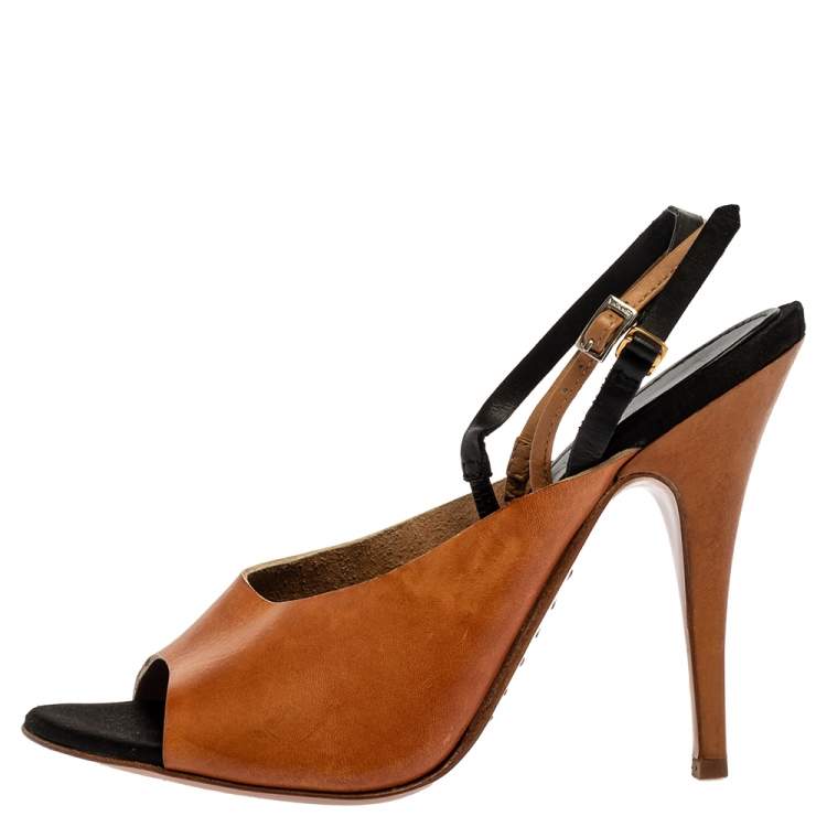Pre Owned Giuseppe Zanotti For Vionnet Tan And Black Leather Slingback Sandals Size 37