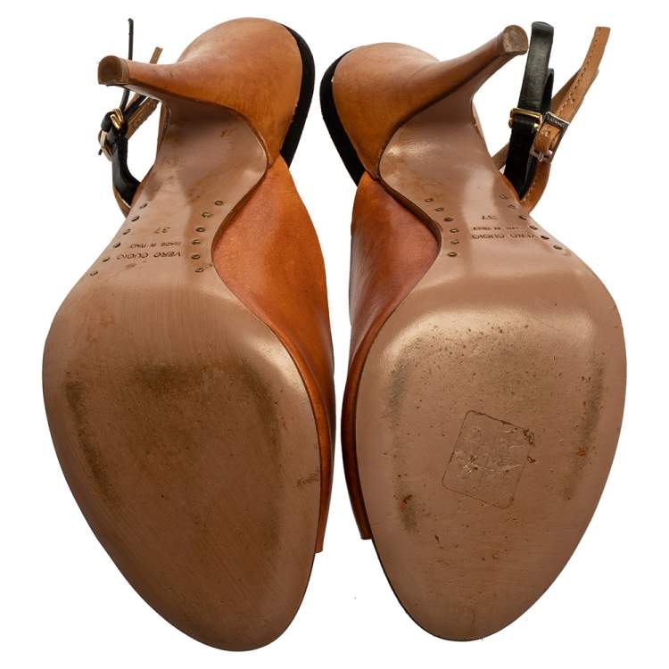 Pre Owned Giuseppe Zanotti For Vionnet Tan And Black Leather Slingback Sandals Size 37