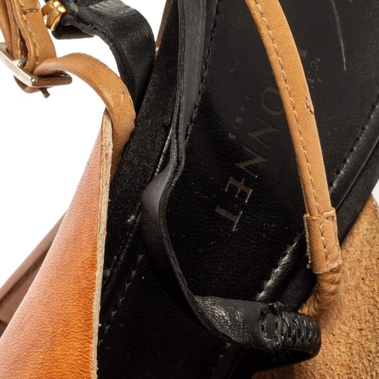 Pre Owned Giuseppe Zanotti For Vionnet Tan And Black Leather Slingback Sandals Size 37