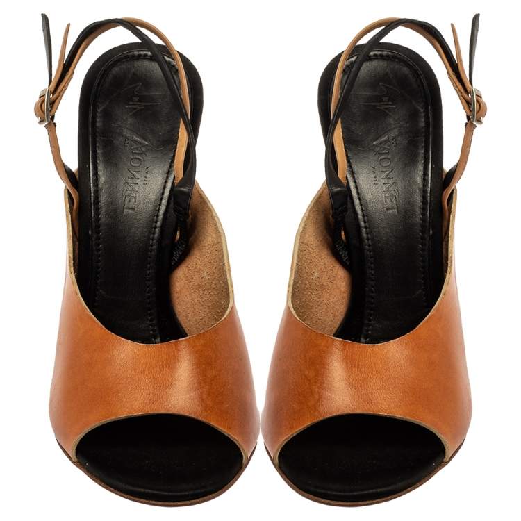 Pre Owned Giuseppe Zanotti For Vionnet Tan And Black Leather Slingback Sandals Size 37