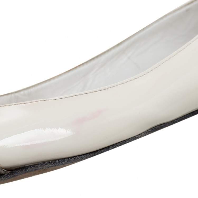 Pre Owned Giuseppe Zanotti White Patent Leather And Striped Fabric Crystal Embellished Ballet Flats Size 38