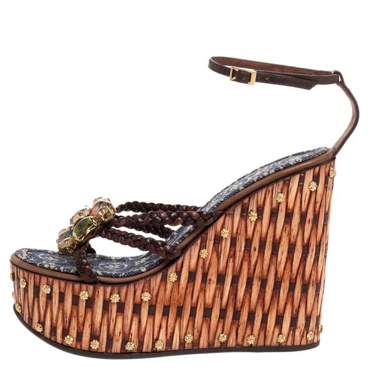 Pre Owned Giuseppe Zanotti Brown Leather Crystal Embellished Wedge Platform Ankle Strap Sandals Size 37.5