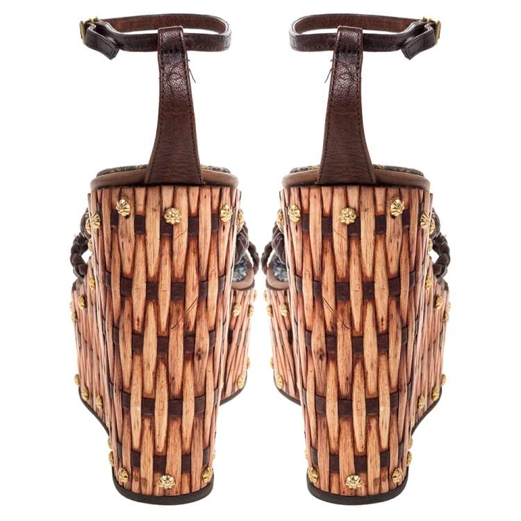 Pre Owned Giuseppe Zanotti Brown Leather Crystal Embellished Wedge Platform Ankle Strap Sandals Size 37.5