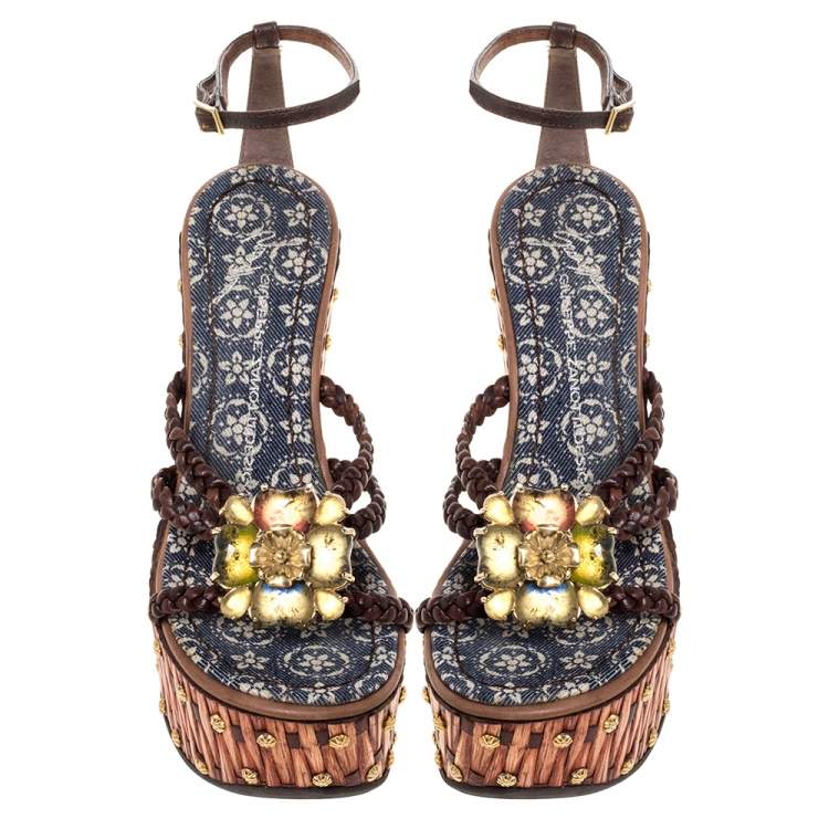 Pre Owned Giuseppe Zanotti Brown Leather Crystal Embellished Wedge Platform Ankle Strap Sandals Size 37.5