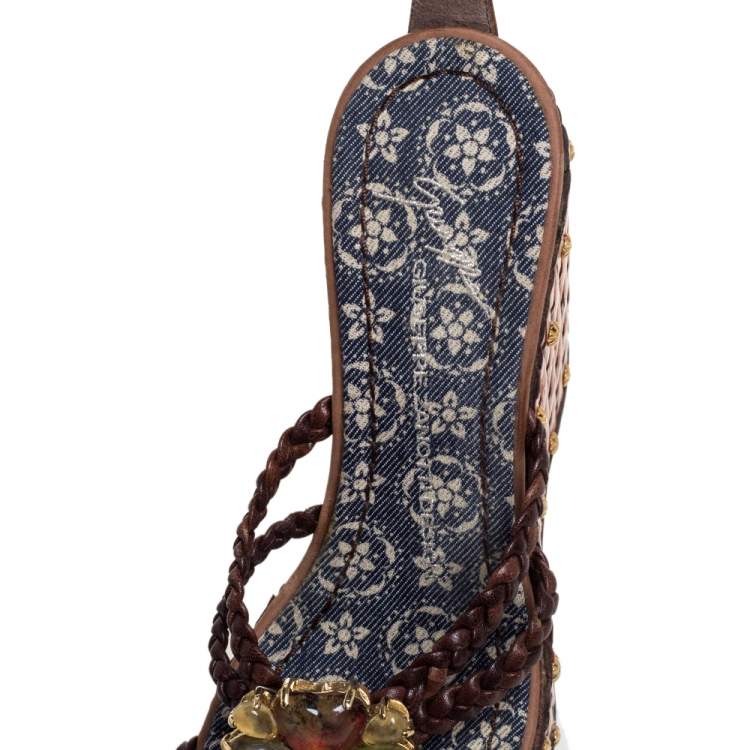 Pre Owned Giuseppe Zanotti Brown Leather Crystal Embellished Wedge Platform Ankle Strap Sandals Size 37.5