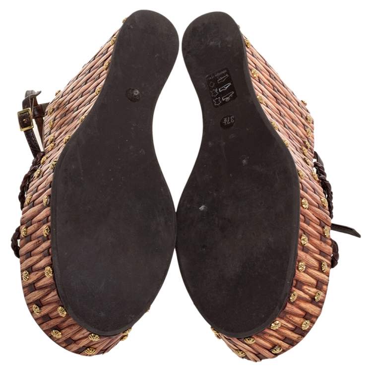 Pre Owned Giuseppe Zanotti Brown Leather Crystal Embellished Wedge Platform Ankle Strap Sandals Size 37.5