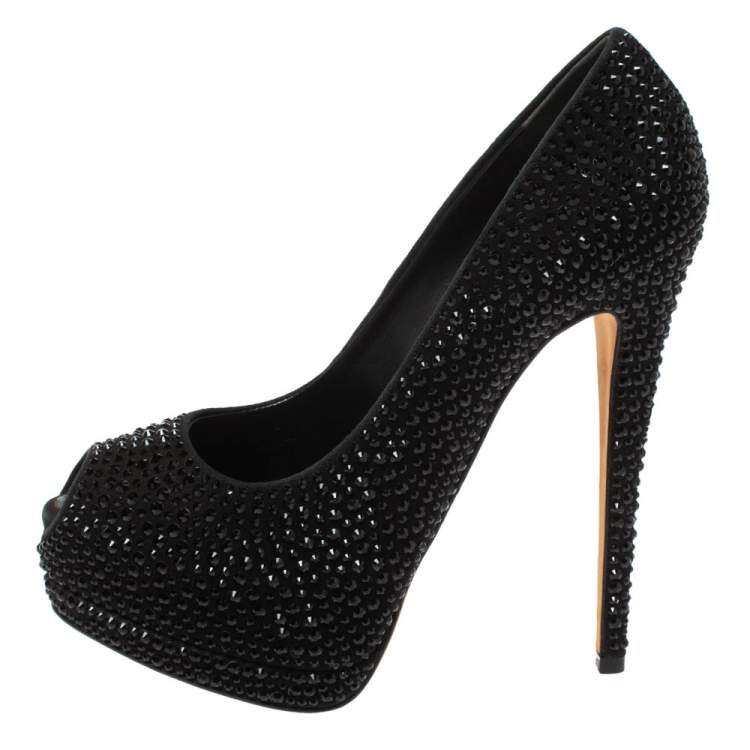 Pre Owned Giuseppe Zanotti Black Crystal Embellished Peep Toe Platform Pumps Size 37