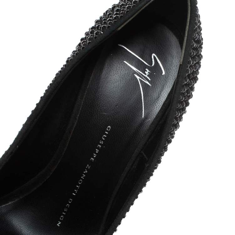 Pre Owned Giuseppe Zanotti Black Crystal Embellished Peep Toe Platform Pumps Size 37