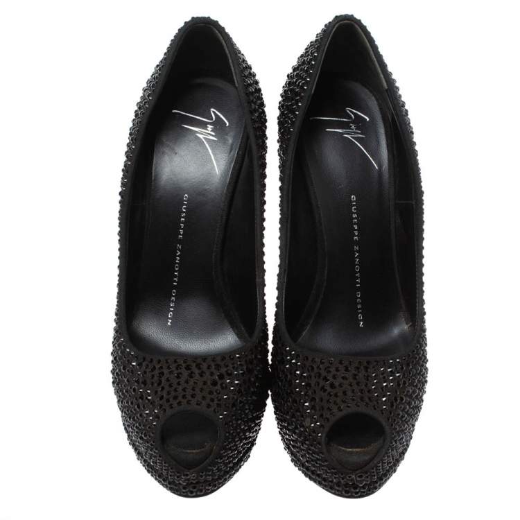 Pre Owned Giuseppe Zanotti Black Crystal Embellished Peep Toe Platform Pumps Size 37