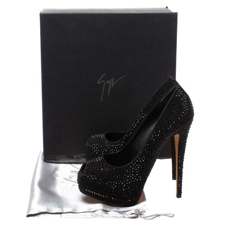 Pre Owned Giuseppe Zanotti Black Crystal Embellished Peep Toe Platform Pumps Size 37