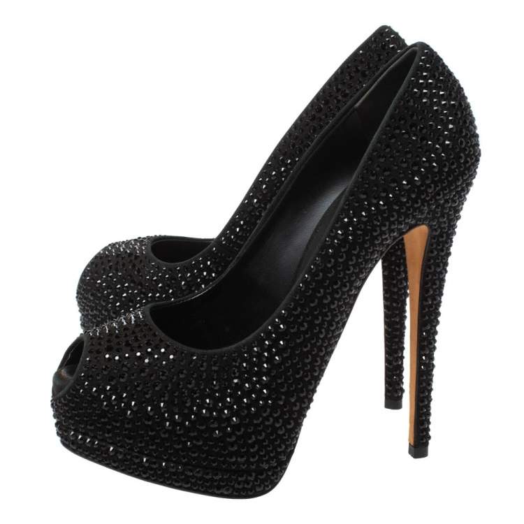 Pre Owned Giuseppe Zanotti Black Crystal Embellished Peep Toe Platform Pumps Size 37