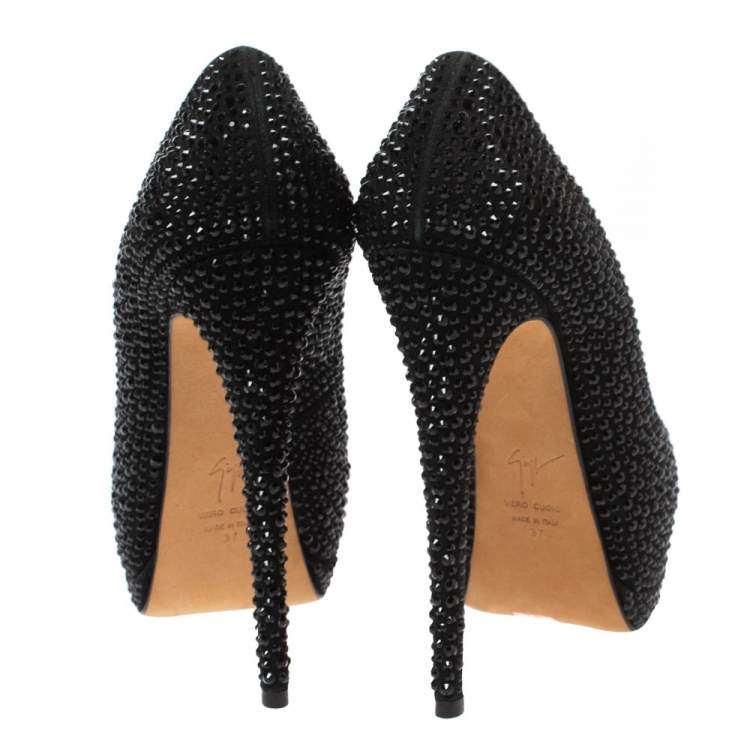 Pre Owned Giuseppe Zanotti Black Crystal Embellished Peep Toe Platform Pumps Size 37