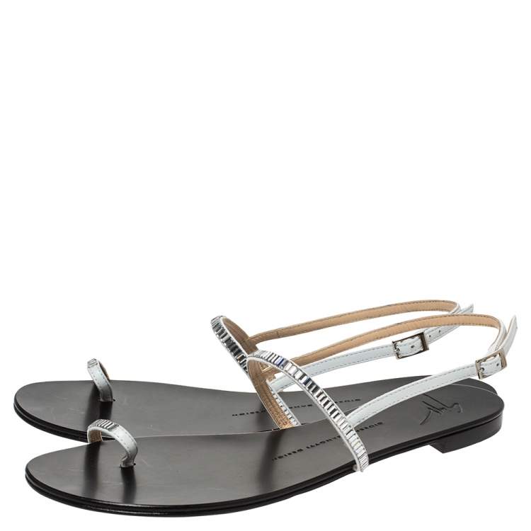 Pre Owned Giuseppe Zanotti Black Leather Crystal Embellished Sling Strap Flats Size 40