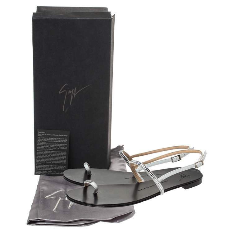 Pre Owned Giuseppe Zanotti Black Leather Crystal Embellished Sling Strap Flats Size 40