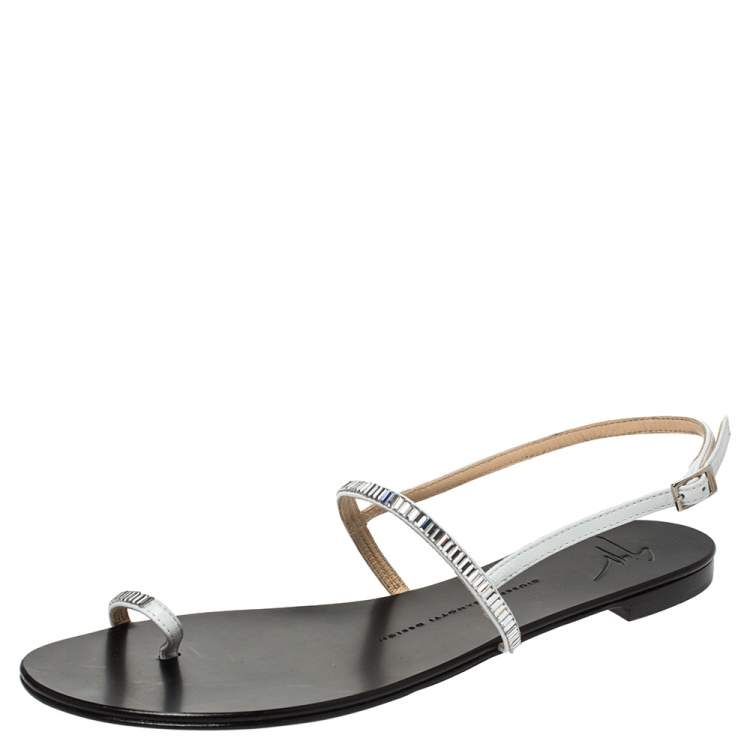 Pre Owned Giuseppe Zanotti Black Leather Crystal Embellished Sling Strap Flats Size 40