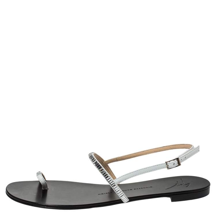 Pre Owned Giuseppe Zanotti Black Leather Crystal Embellished Sling Strap Flats Size 40