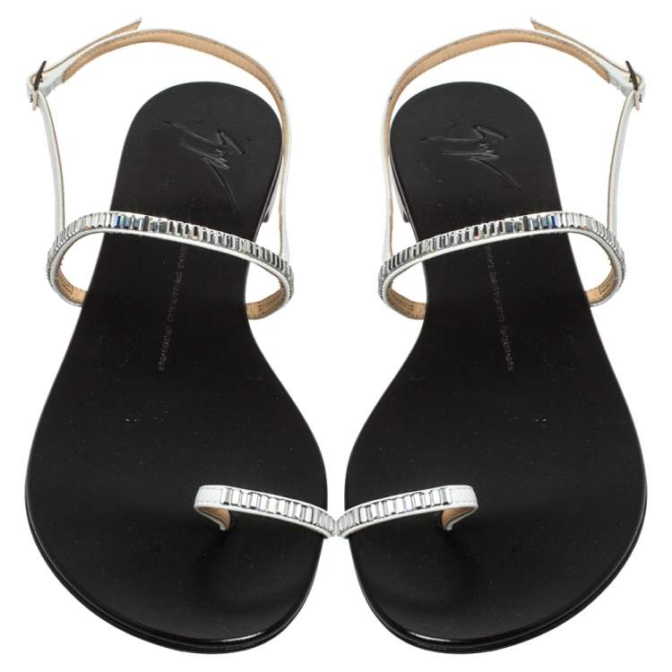 Pre Owned Giuseppe Zanotti Black Leather Crystal Embellished Sling Strap Flats Size 40