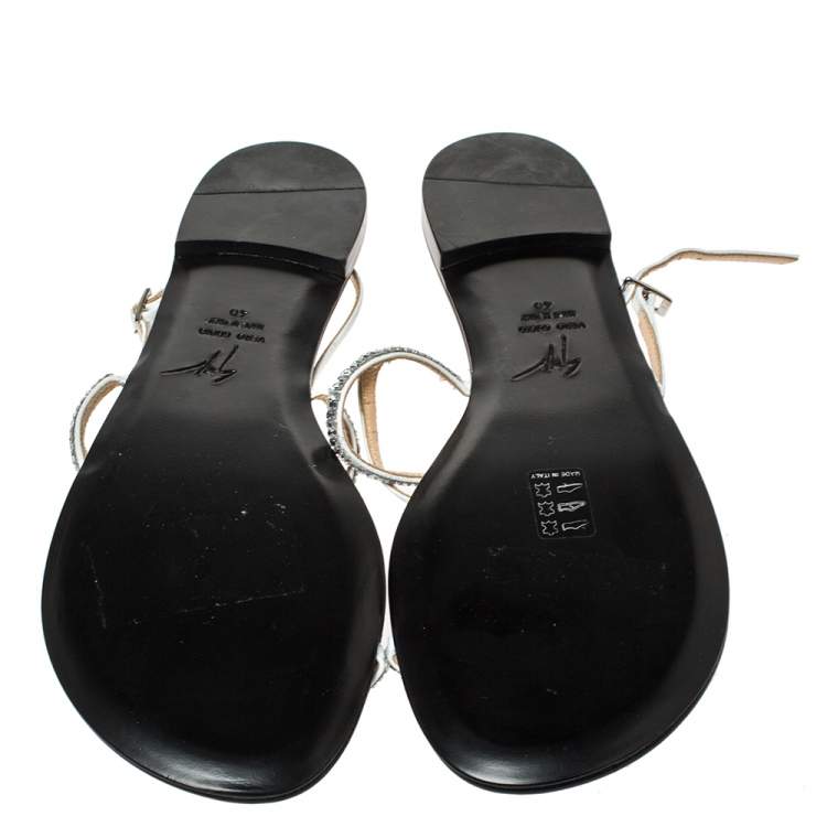 Pre Owned Giuseppe Zanotti Black Leather Crystal Embellished Sling Strap Flats Size 40