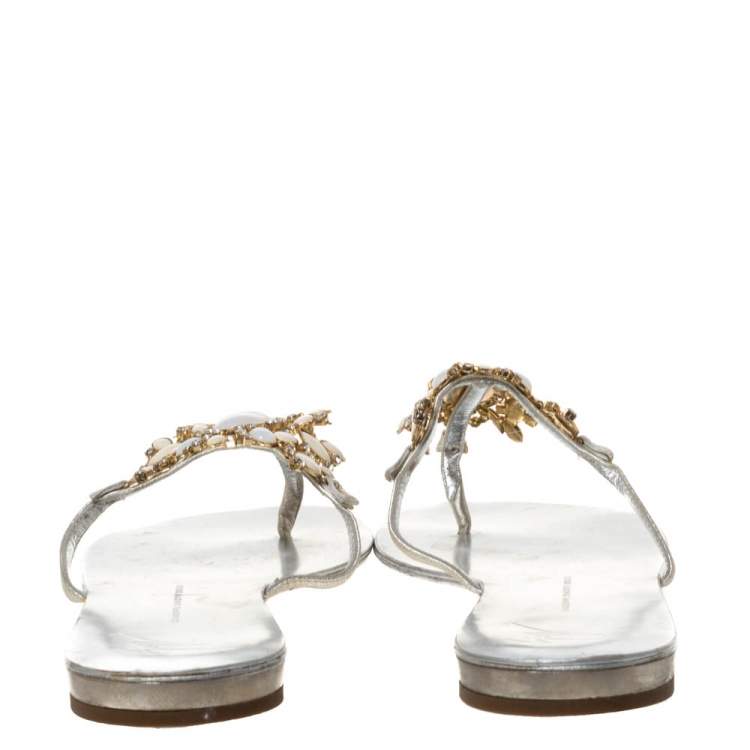 Pre Owned Giuseppe Zanotti Silver Leather Crystal Embellished Thong Flats Size 41