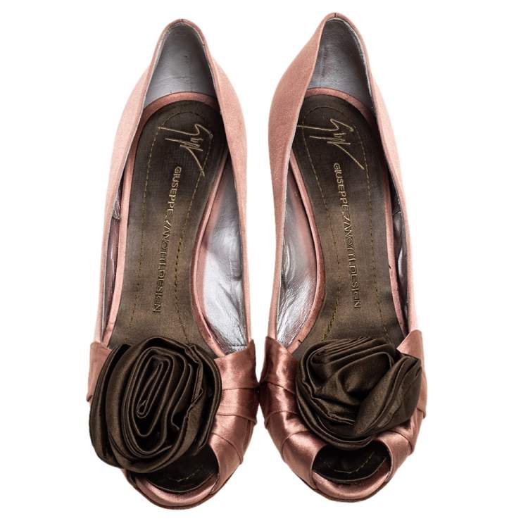Pre Owned Giuseppe Zanotti Nude Pink/Green Satin Floral Applique Pointed Toe pumps Size 41