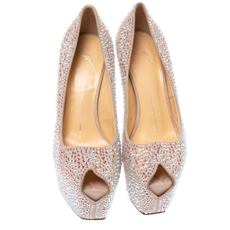 Pre Owned Giuseppe Zanotti Beige Suede Crystal Embellished Liza Peep Toe Platform Pumps Size 37.5