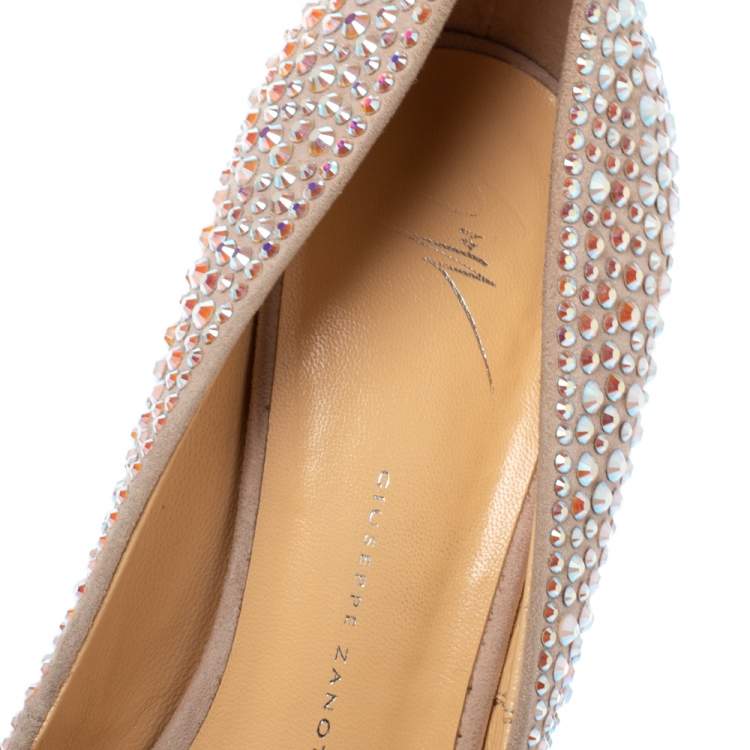 Pre Owned Giuseppe Zanotti Beige Suede Crystal Embellished Liza Peep Toe Platform Pumps Size 37.5