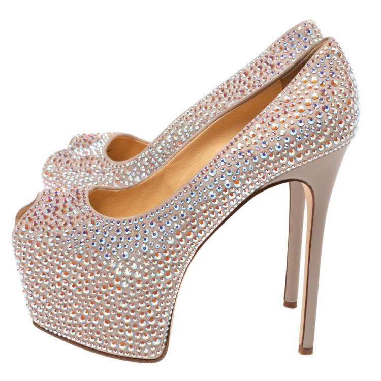 Pre Owned Giuseppe Zanotti Beige Suede Crystal Embellished Liza Peep Toe Platform Pumps Size 37.5