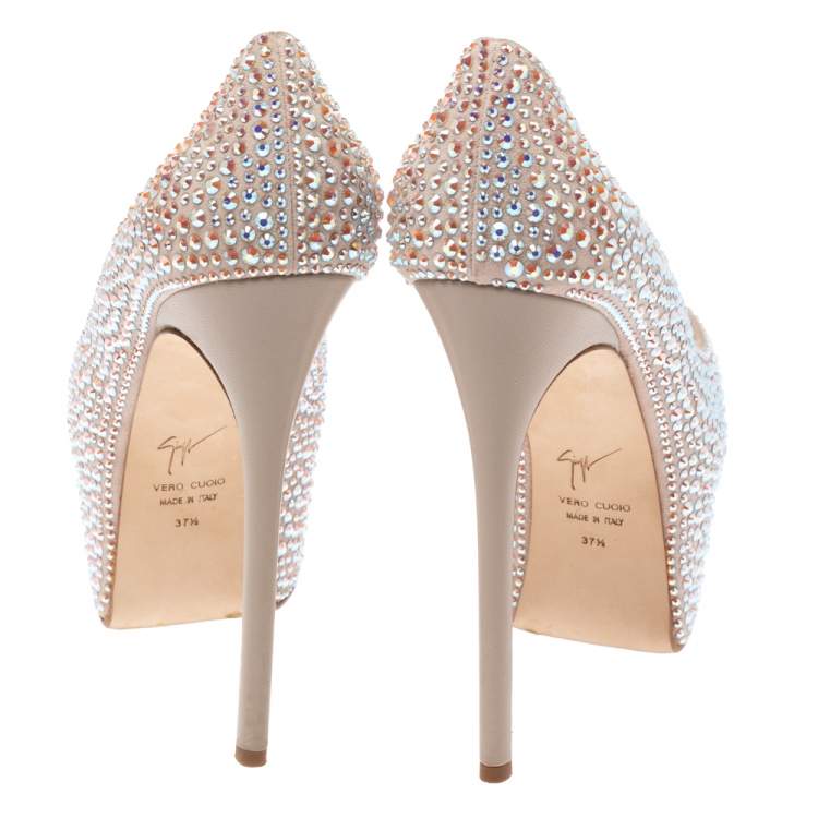 Pre Owned Giuseppe Zanotti Beige Suede Crystal Embellished Liza Peep Toe Platform Pumps Size 37.5