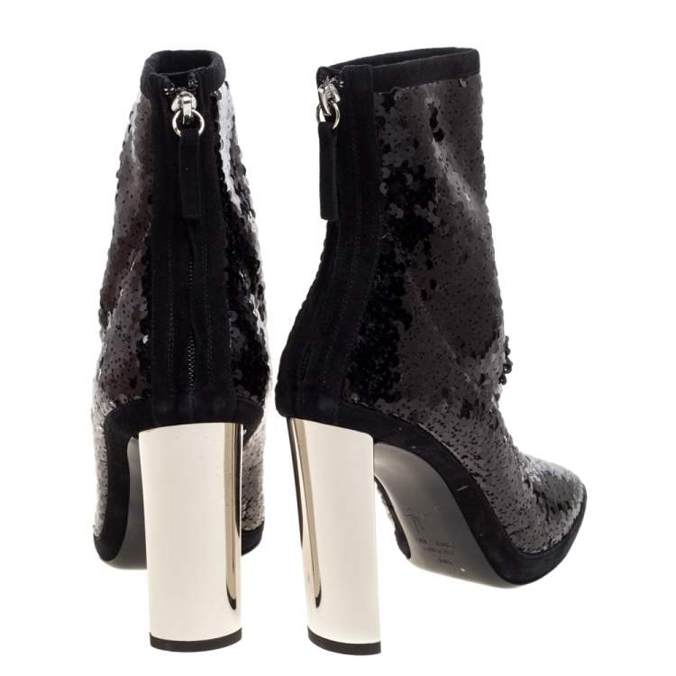 Pre Owned Giuseppe Zanotti Black Sequin And Suede Trims Ankle Boots Size 38.5