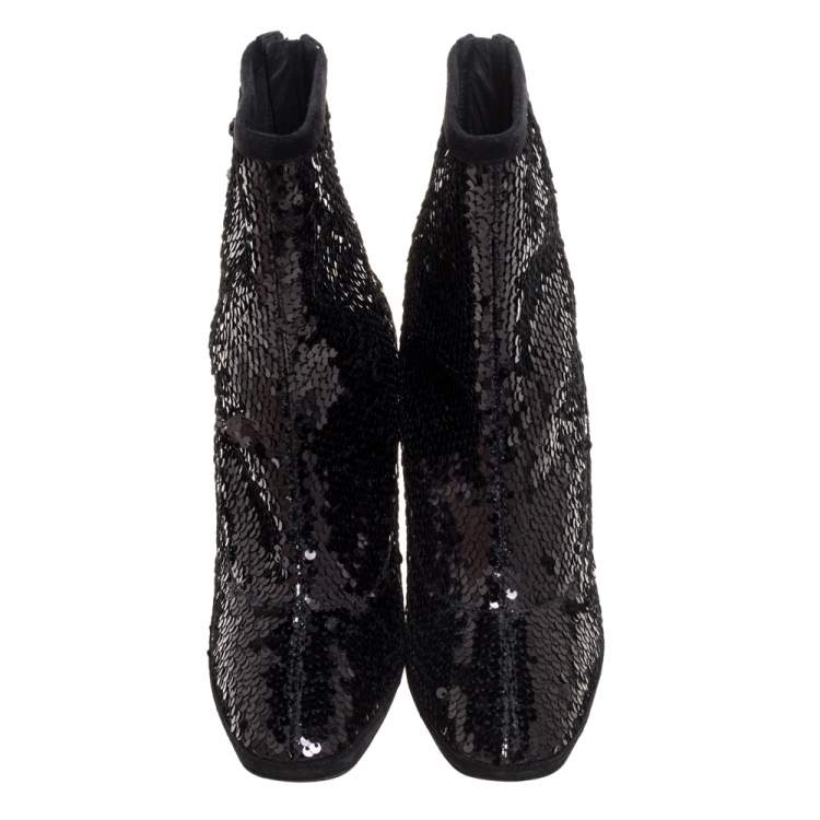 Pre Owned Giuseppe Zanotti Black Sequin And Suede Trims Ankle Boots Size 38.5