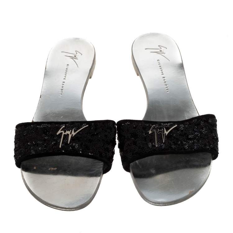 Pre Owned Giuseppe Zanotti Black Sequins Flat Slides Size 39