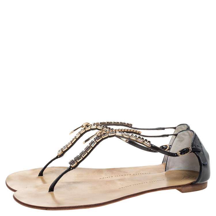 Pre Owned Giuseppe Zanotti Black Patent Crystal And Zip Embellished Thong Flat Ankle Strap Sandals Size 41