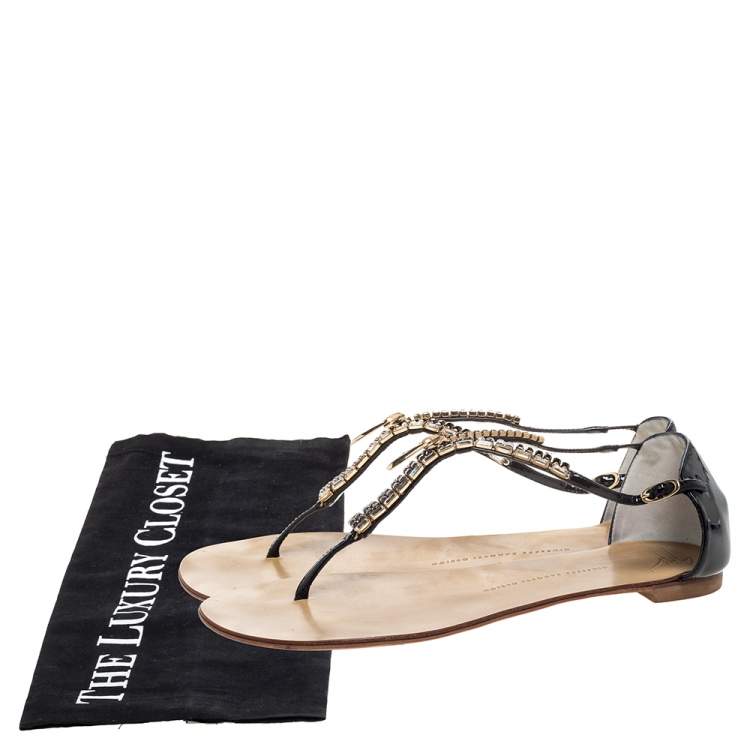 Pre Owned Giuseppe Zanotti Black Patent Crystal And Zip Embellished Thong Flat Ankle Strap Sandals Size 41