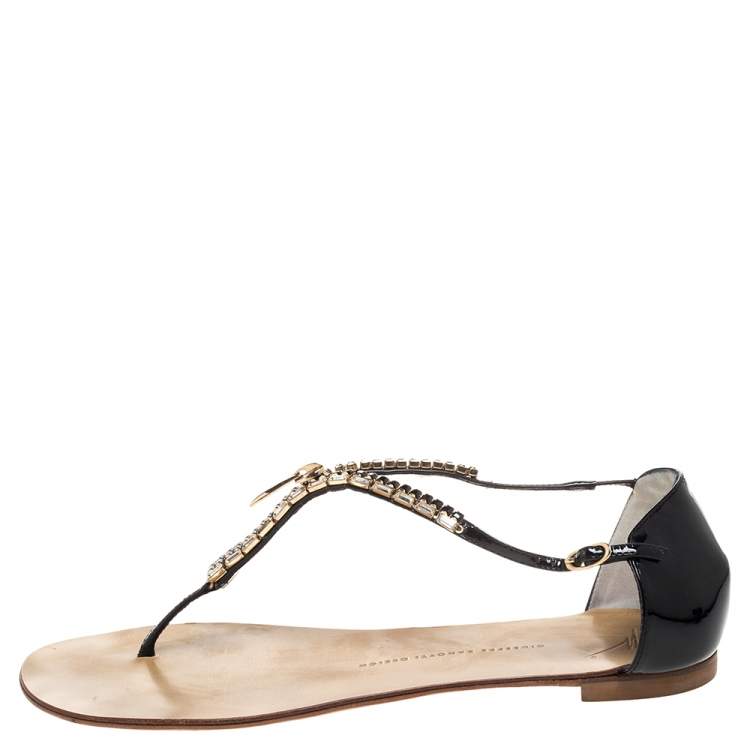 Pre Owned Giuseppe Zanotti Black Patent Crystal And Zip Embellished Thong Flat Ankle Strap Sandals Size 41