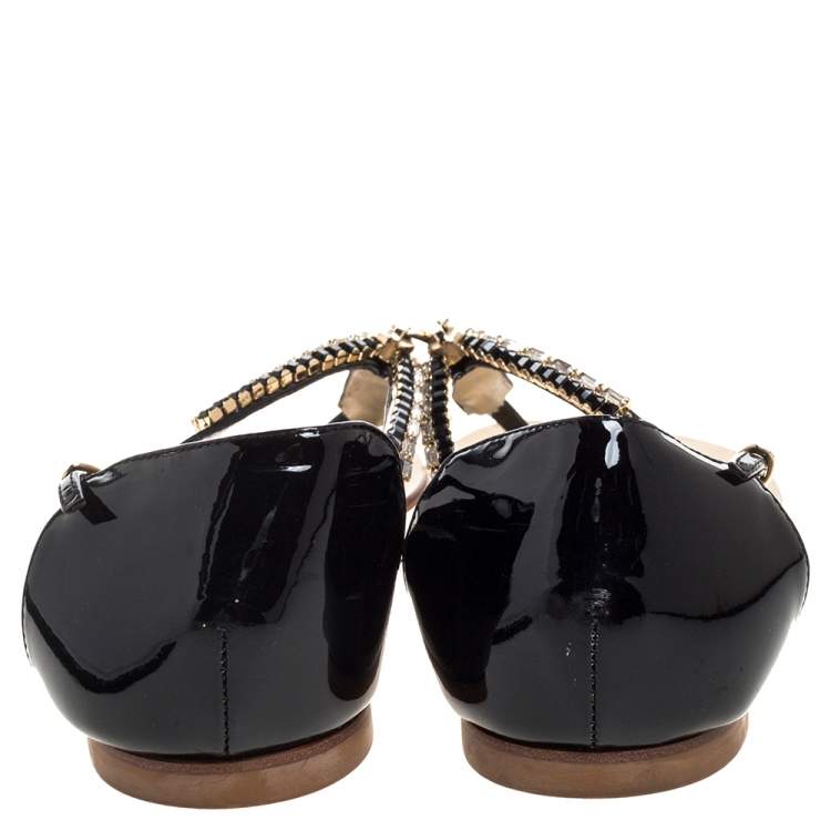 Pre Owned Giuseppe Zanotti Black Patent Crystal And Zip Embellished Thong Flat Ankle Strap Sandals Size 41