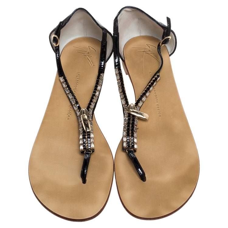 Pre Owned Giuseppe Zanotti Black Patent Crystal And Zip Embellished Thong Flat Ankle Strap Sandals Size 41