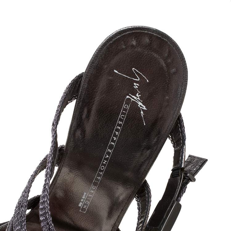 Pre Owned Giuseppe Zanotti Metallic Grey Woven Glitter Fabric Wedge Strappy Sandals Size 38.5