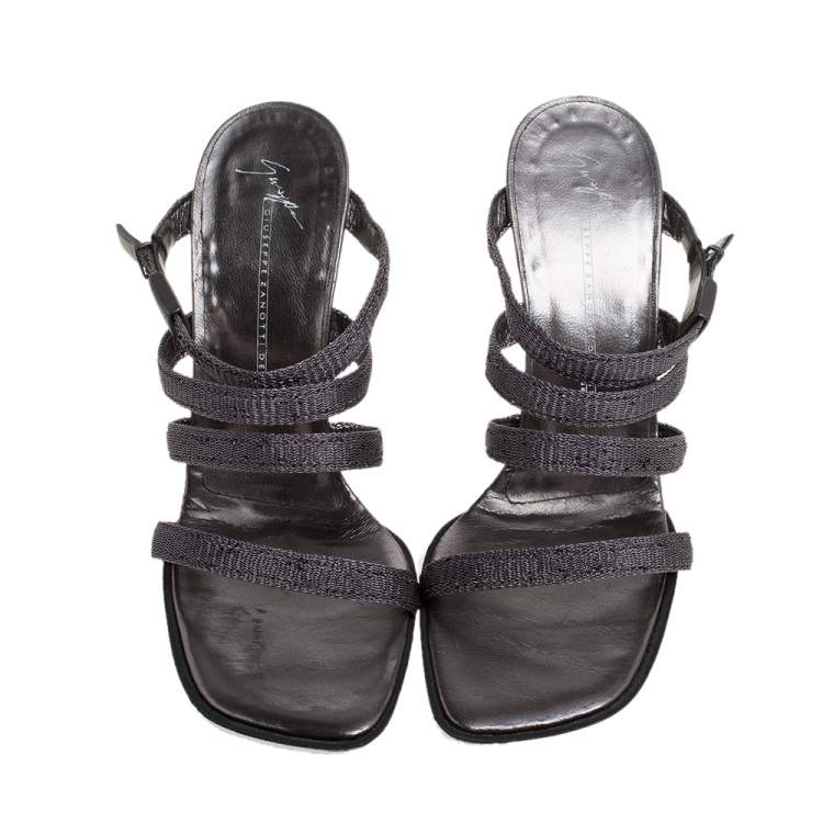 Pre Owned Giuseppe Zanotti Metallic Grey Woven Glitter Fabric Wedge Strappy Sandals Size 38.5
