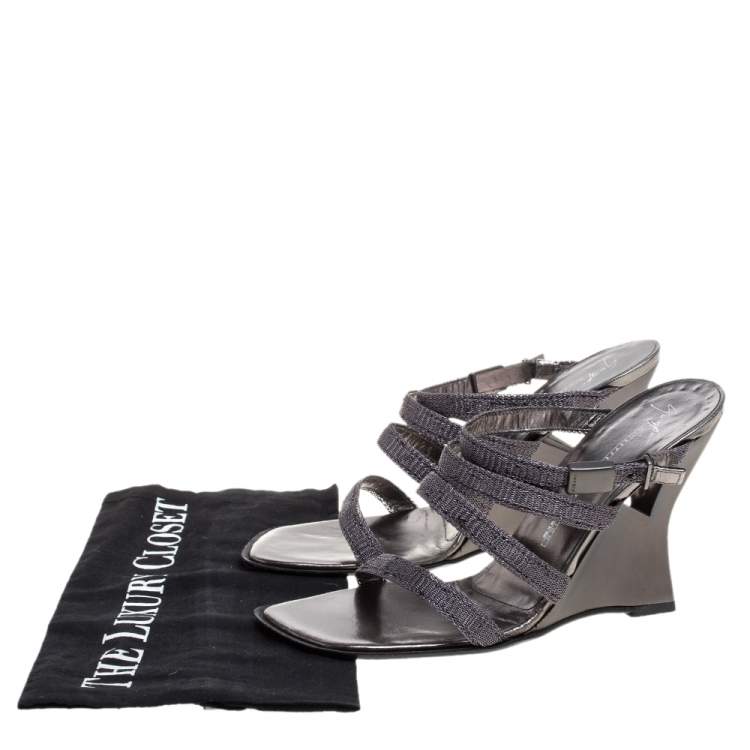 Pre Owned Giuseppe Zanotti Metallic Grey Woven Glitter Fabric Wedge Strappy Sandals Size 38.5