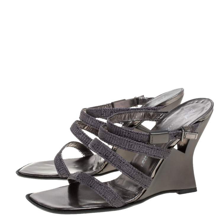 Pre Owned Giuseppe Zanotti Metallic Grey Woven Glitter Fabric Wedge Strappy Sandals Size 38.5
