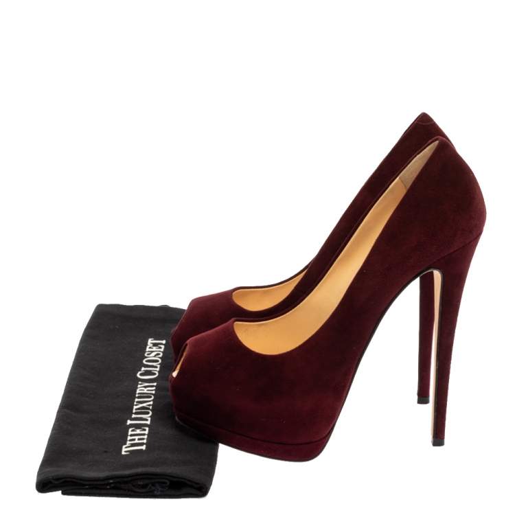 Pre Owned Giuseppe Zanotti Burgundy Suede Leather Peep Toe Platform Pumps Size 39
