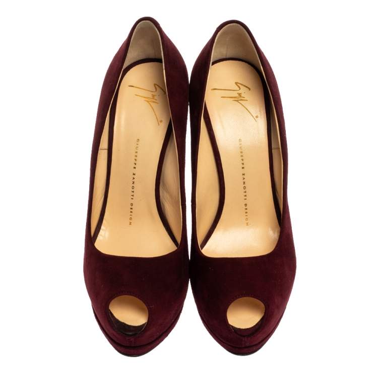 Pre Owned Giuseppe Zanotti Burgundy Suede Leather Peep Toe Platform Pumps Size 39