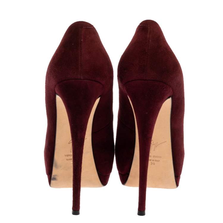 Pre Owned Giuseppe Zanotti Burgundy Suede Leather Peep Toe Platform Pumps Size 39