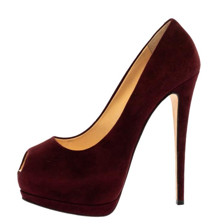 Pre Owned Giuseppe Zanotti Burgundy Suede Leather Peep Toe Platform Pumps Size 39