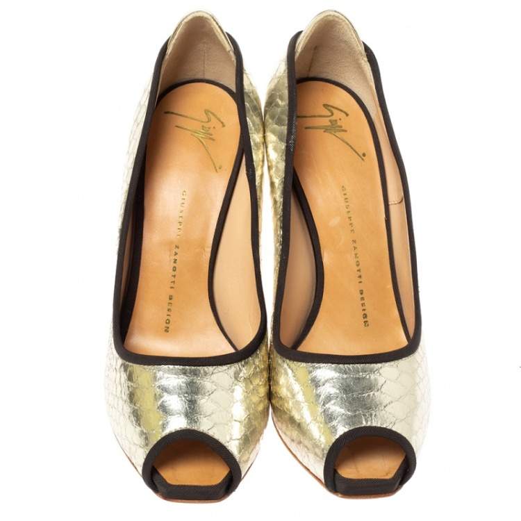 Pre Owned Giuseppe Zanotti Metallic Gold Python Embossed Leather Peep Toe Platform Pumps Size 38