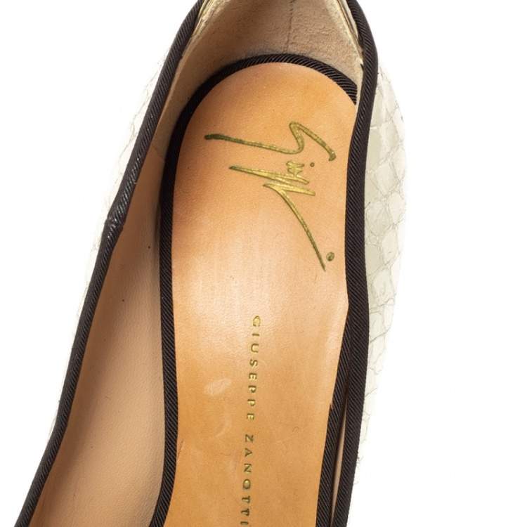 Pre Owned Giuseppe Zanotti Metallic Gold Python Embossed Leather Peep Toe Platform Pumps Size 38