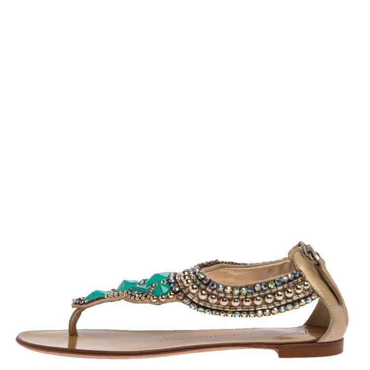Pre Owned Giuseppe Zanotti Beige Leather Crystal Embellished Thong Flats Size 38.5