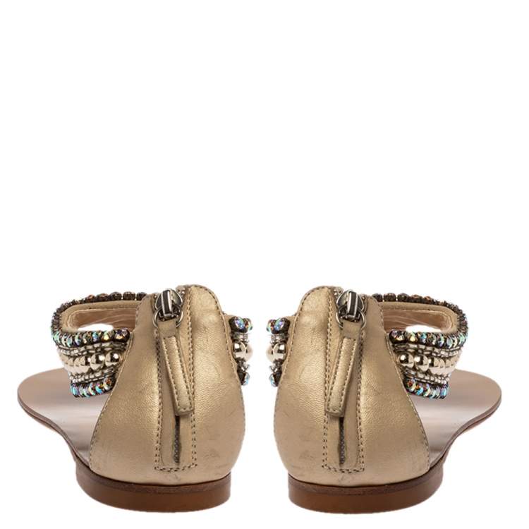 Pre Owned Giuseppe Zanotti Beige Leather Crystal Embellished Thong Flats Size 38.5