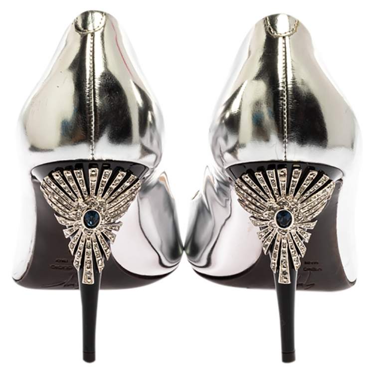 Pre Owned Giuseppe Zanotti Metallic Silver Leather Embellished Heel Open Toe Pumps Size 39