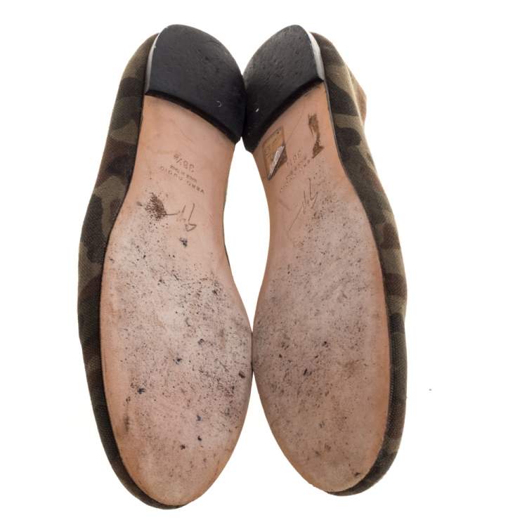 Pre Owned Giuseppe Zanotti Green Camouflage Canvas Crystal Skull Ballet Flats Size 38.5